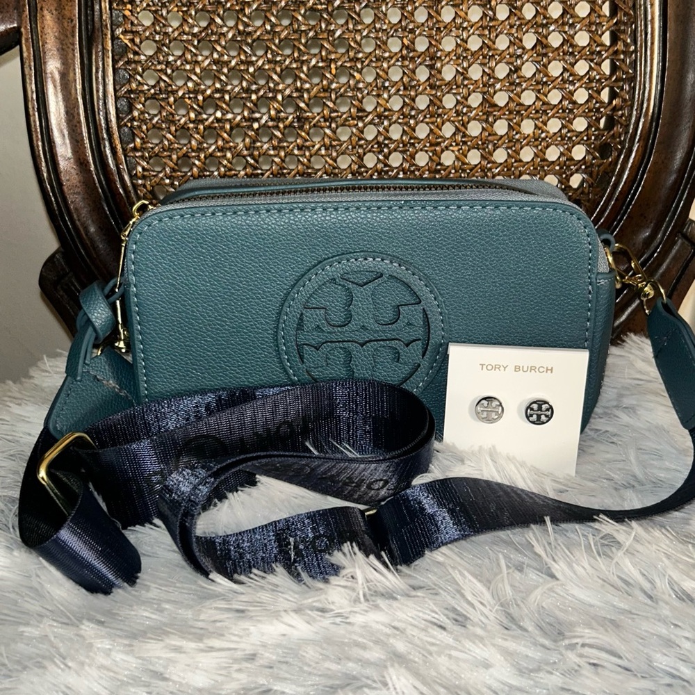 Bundle : Tory Burch Blue Mini Miller Crossbody Bag earring Bundle